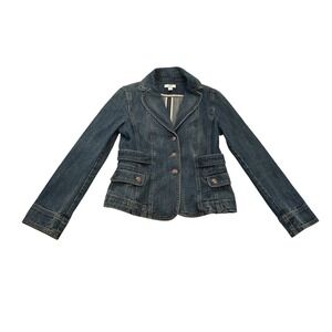 Ann Taylor LOFT Denim Blazer Womens 6 Cotton Tailored Martingale Back Jacket